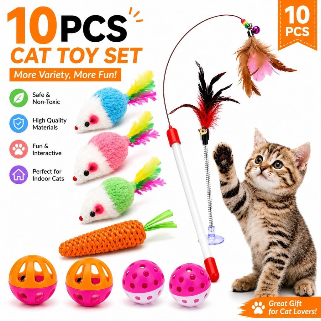 Conjunto de Brinquedos para Gatos 10 Peças, Brinquedos Interativos para Filhotes com Varinha de Penas e Bolas para Gatos