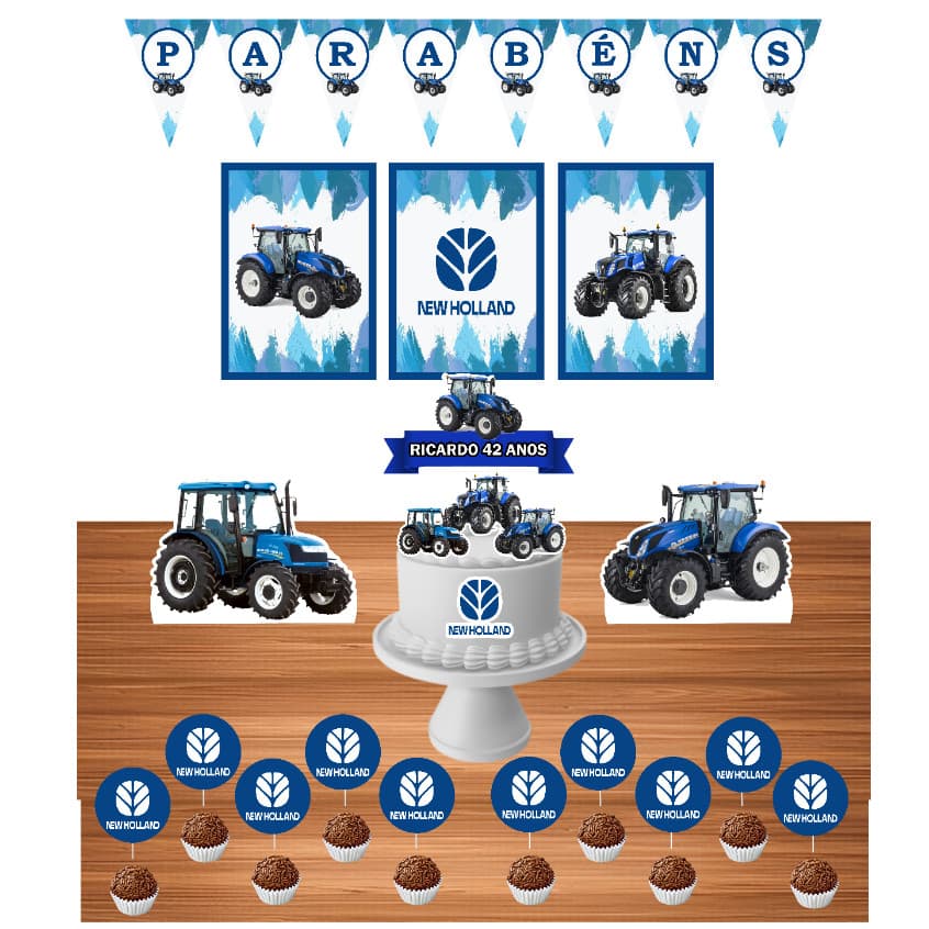 Kit Festa Trator New Holland 38 itens - Festa Pronta - Só um bolinho - Festa em casa - Festa Adulto - Infantil -
