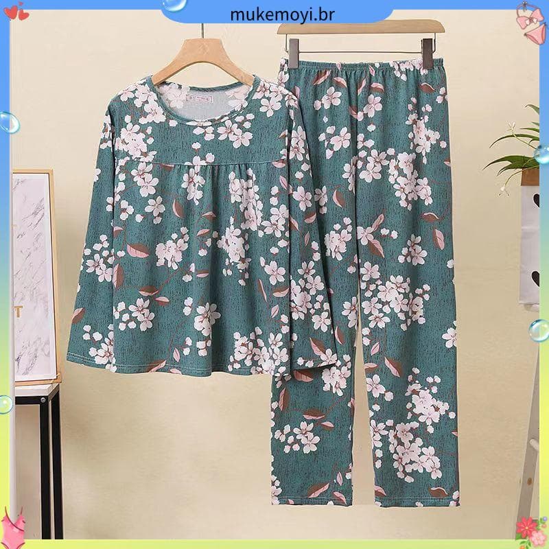 40-100kg mãe idosa de meia-idade plus size pijamas femininos manga longa primavera outono inverno mais gordura plus size