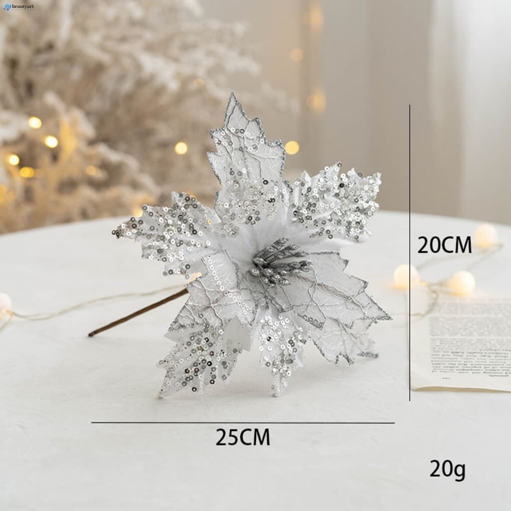 Flor De Natal Artificial 20cm Glitter Dourado Reunindo Decoração De Árvore
