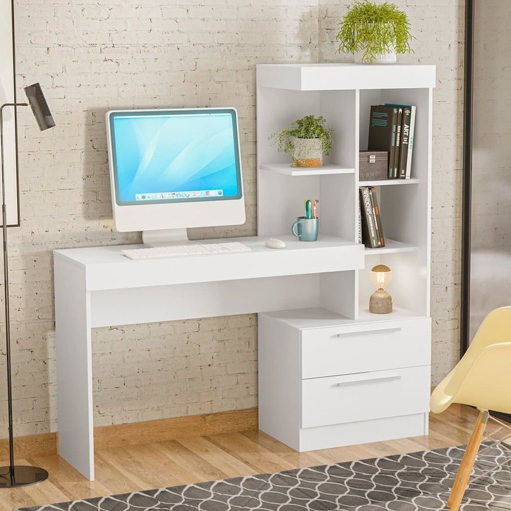 Escrivaninha Mesa Escritório com Estante Office Nt 2010 2 Gavetas 131,5cm Branco New e Rosa Branco New/Rosa