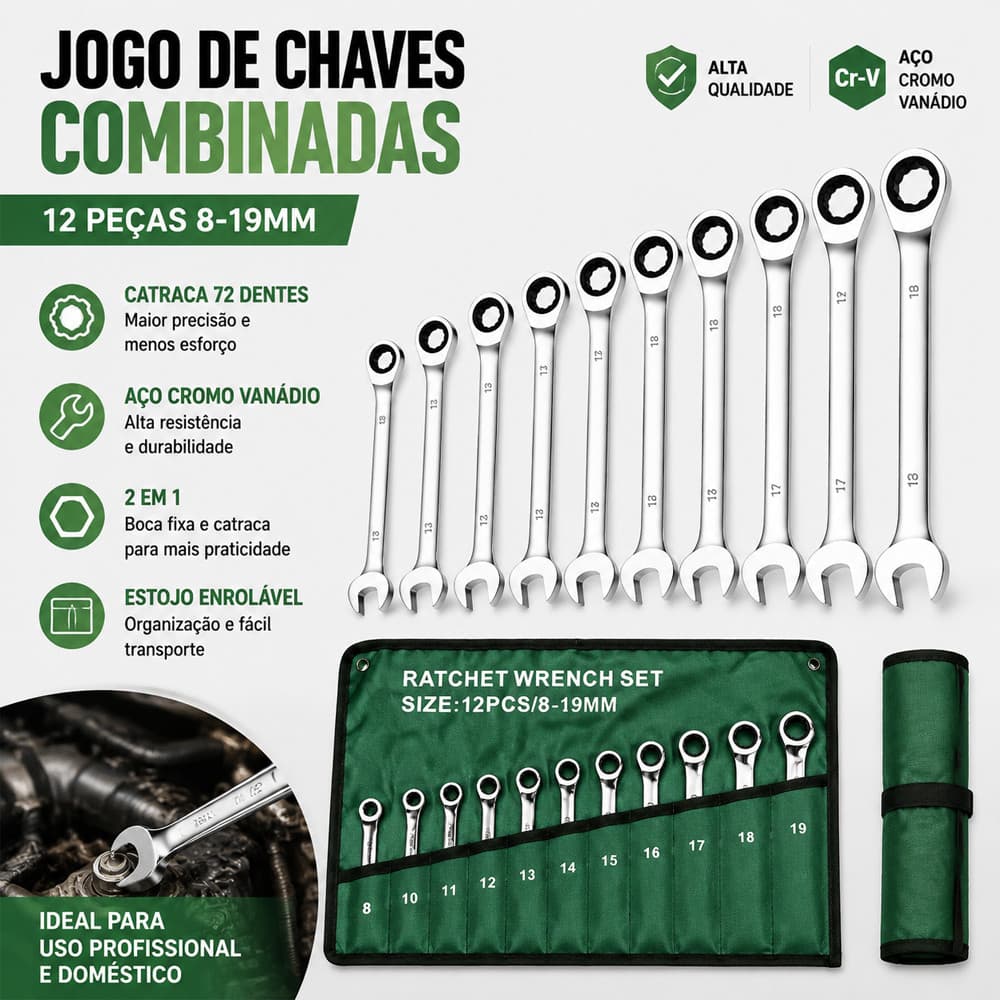 Jogo de Chaves Combinadas com Catraca 2 em 1 – 14 Peças de 8 a 24mm | Aperto Rápido e Profissional