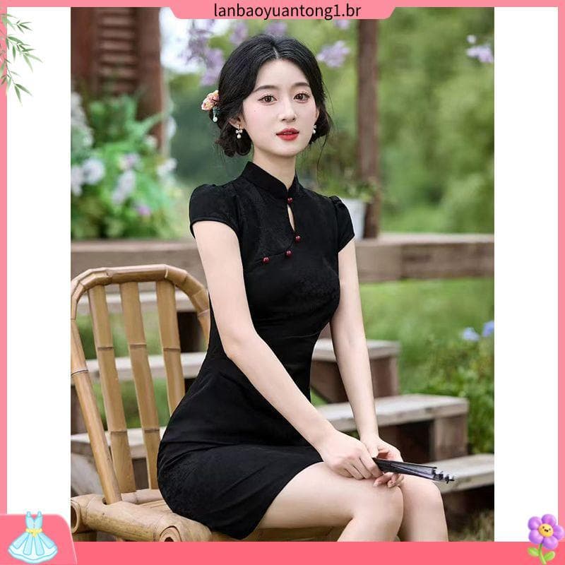 Preto Cheongsam 2026 novo estilo pequeno estilo curto melhorado estilo jovem menina verão novo estilo chinês vestido fin