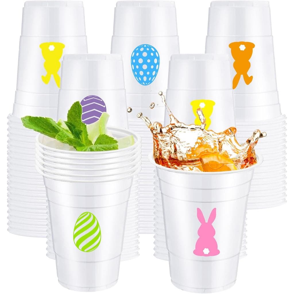 Potchen 36 Copos Plásticos de Páscoa para Festa, 16 oz, Descartáveis, Coloridos, com Estampa de Coelho, para Decoração d