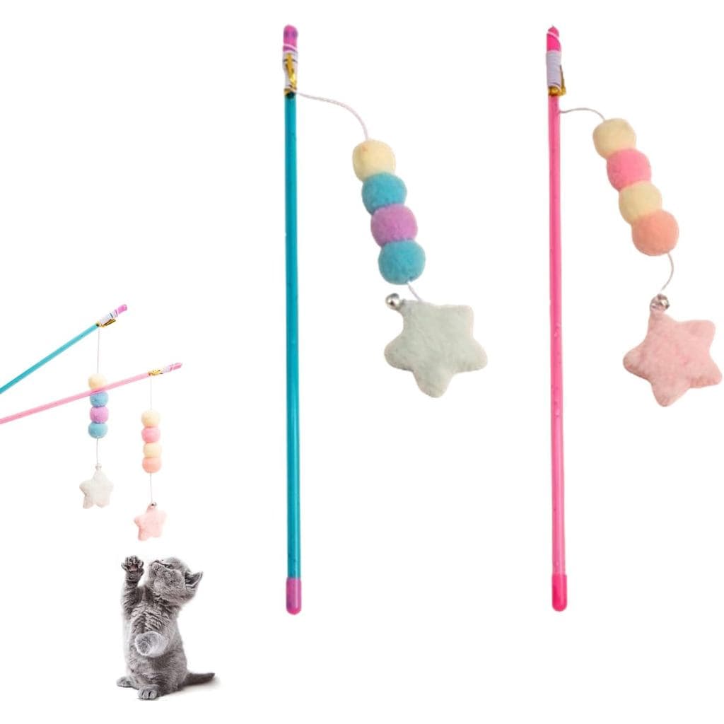 2 Peças de Brinquedo Varinha para Gato, Brinquedos Interativos para Gato com Corda Elástica, Bola de Pelúcia, Pingente d