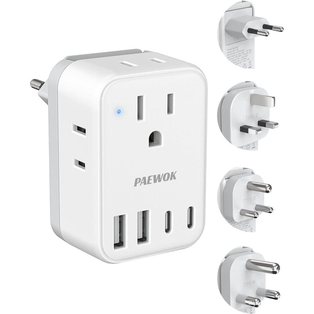 Conjunto de Adaptadores de Viagem, Adaptador de Viagem Europeu com 4 Saídas AC e 4 Portas USB (2 USB C), Adaptador de Vi