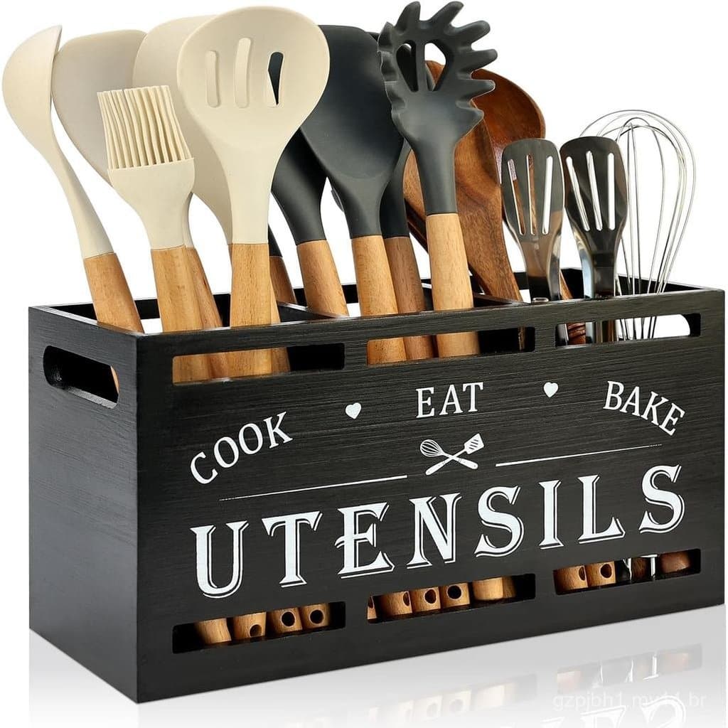 Organizador de Utensílios de Madeira Preta Extra Grande para Cozinha, Decoração de Estilo Rústico, para Talheres