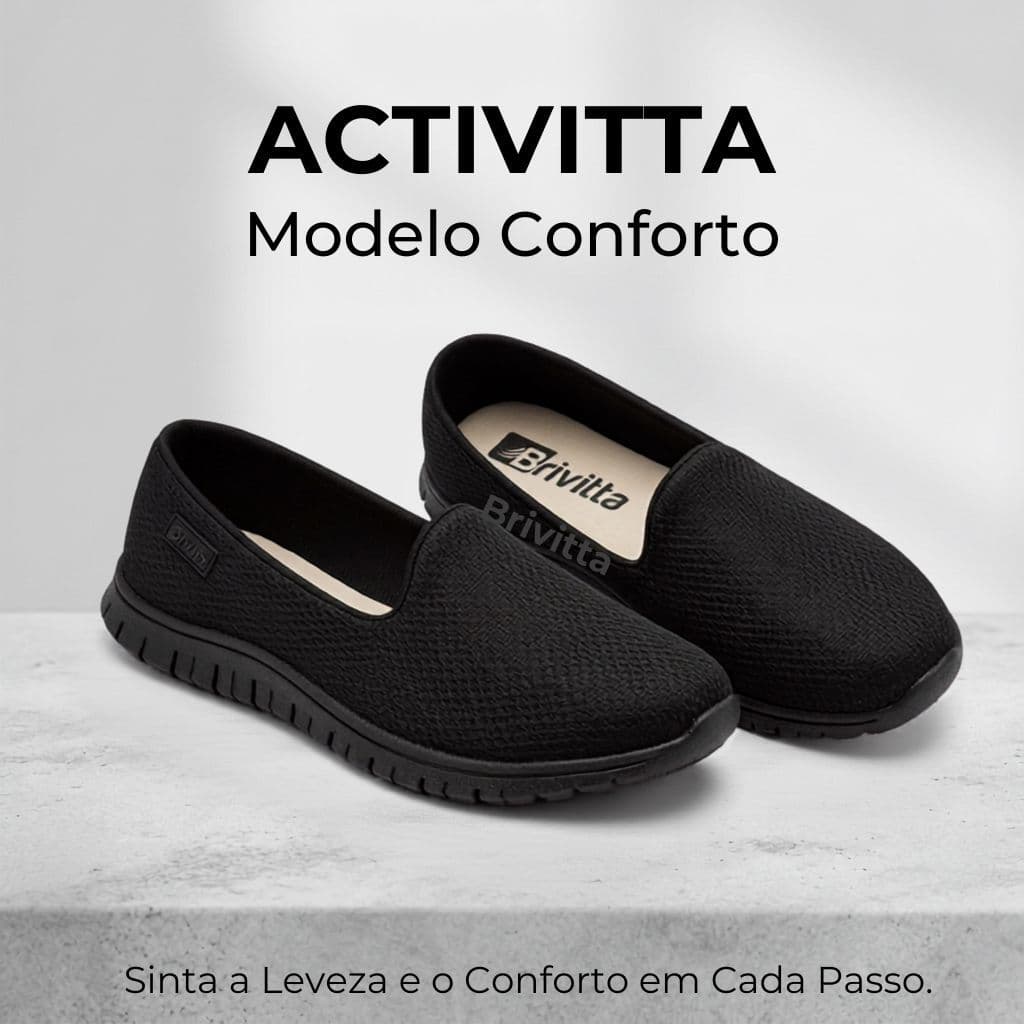 Tênis Slip On Activitta Feminino Preto Confortável Casual Leve Antiderrapante para Dia a Dia e Trabalho
