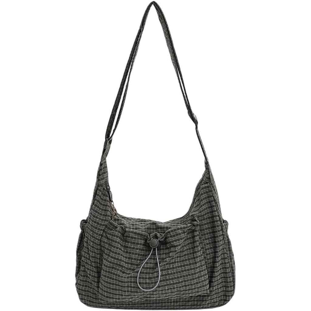Bolsa de Ombro Casual Estilo Coreano com Estampa Xadrez, Bolsa Transversal Leve com Alça Ajustável, Tecido de Algodão Ac