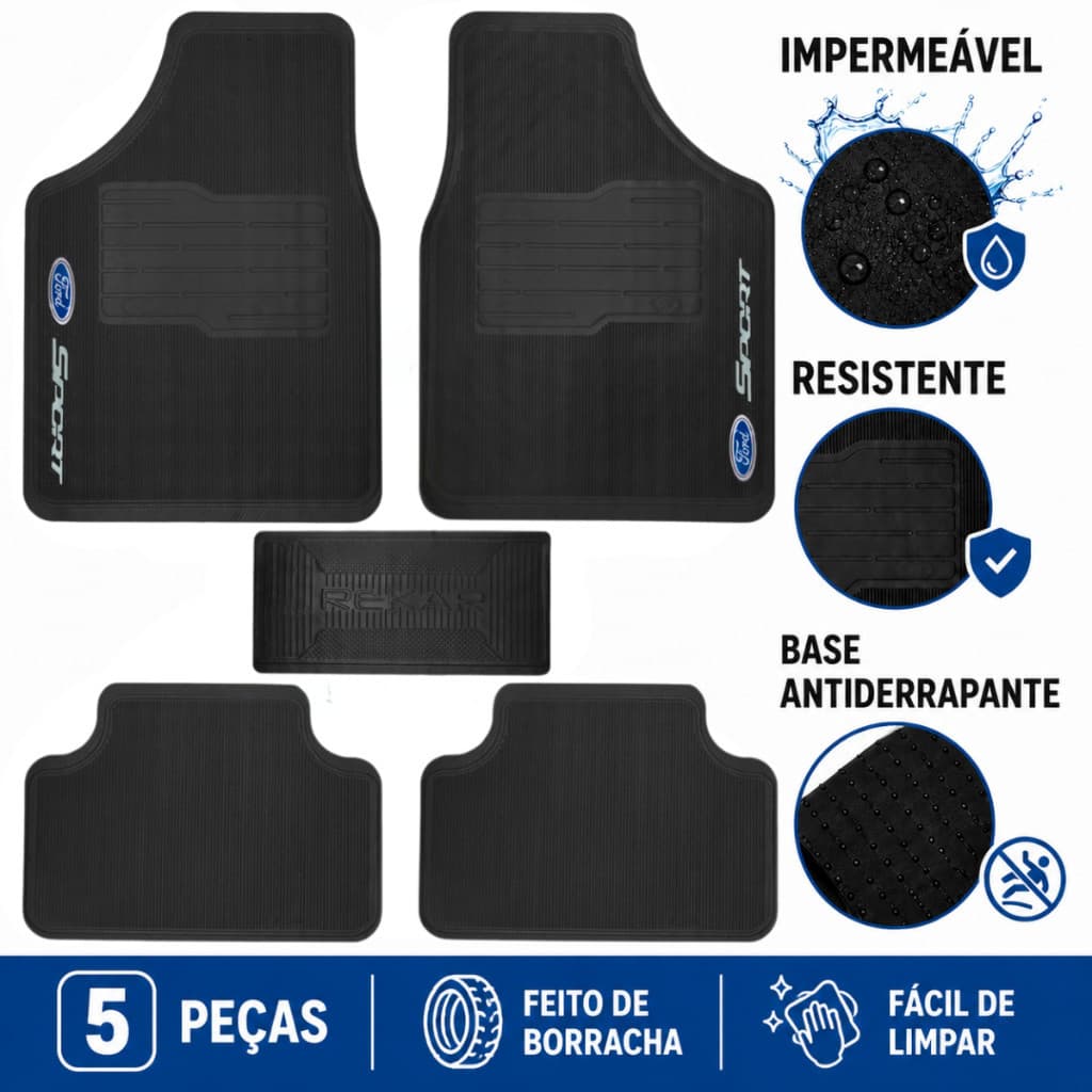 Jogo Tapete Carro Ford 5 Peças Antiderrapante Ka Fiesta Focus Ranger Fusion EcoSport Territory