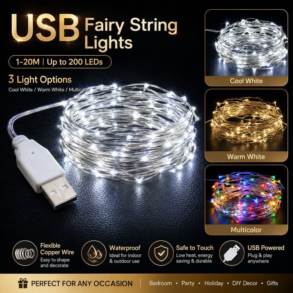 Luzes De Corda De Fadas USB 1M-20M Até 200 LEDs À Prova D'água Fio De Cobre Prateado Branco Frio Quente Multicolorido Pa