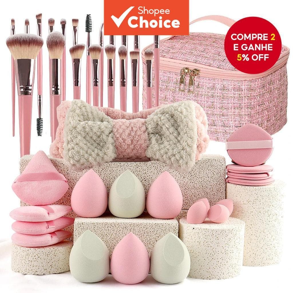 Conjunto Profissional de Ferramentas de Beleza: Pincéis Rosa, Esponja & Almofadas, Estojo de Viagem Elegante, Ideal