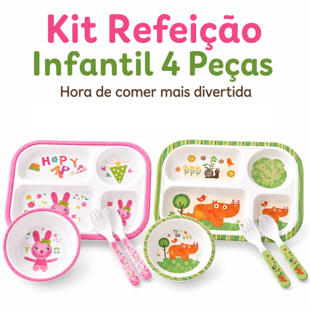 Kit Refeição Infantil 4 Peças Prato Infantil Com Divisórias Tigela Talher Bebê Menino Menina Alimentação
