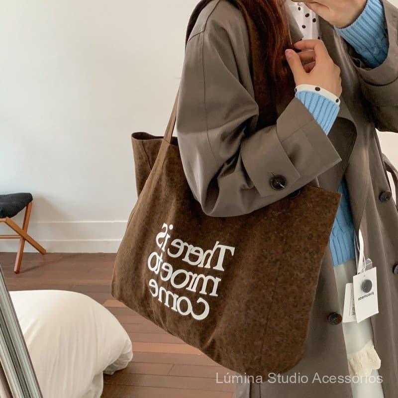 Bolsa de lona com estampa de letras em estilo coreano, bolsa de ombro de grande capacidade para o dia a dia no outono e
