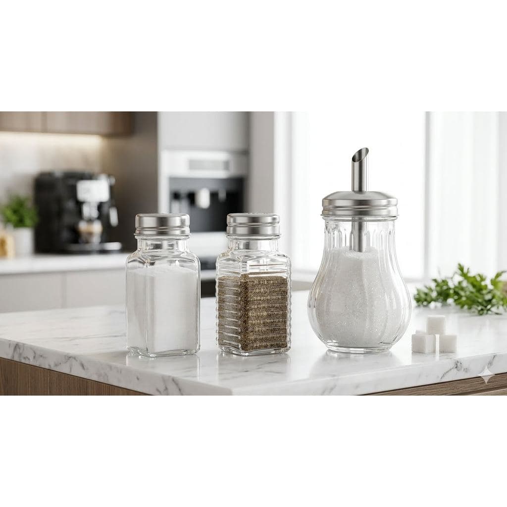 Kit 3 Pç Açucareiro Saleiro Paliteiro ou Condimentos em vidro com tampa em inox - Açucareiro, Saleiro, Paliteiro..