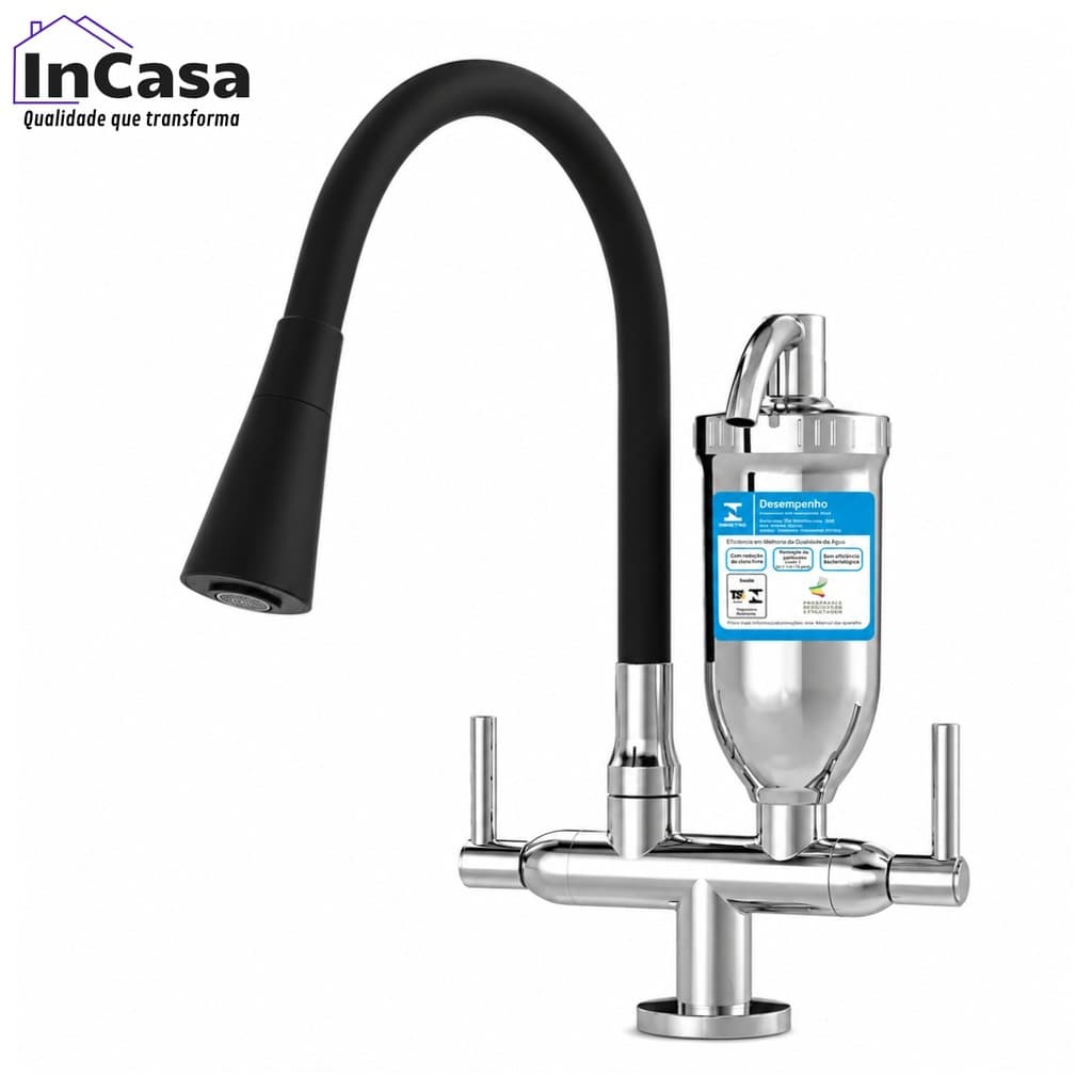 Torneira com Filtro Gourmet Flexível Cozinha Bancada Cromada com Ducha Dois Jatos 1/4 de Volta + Filtro