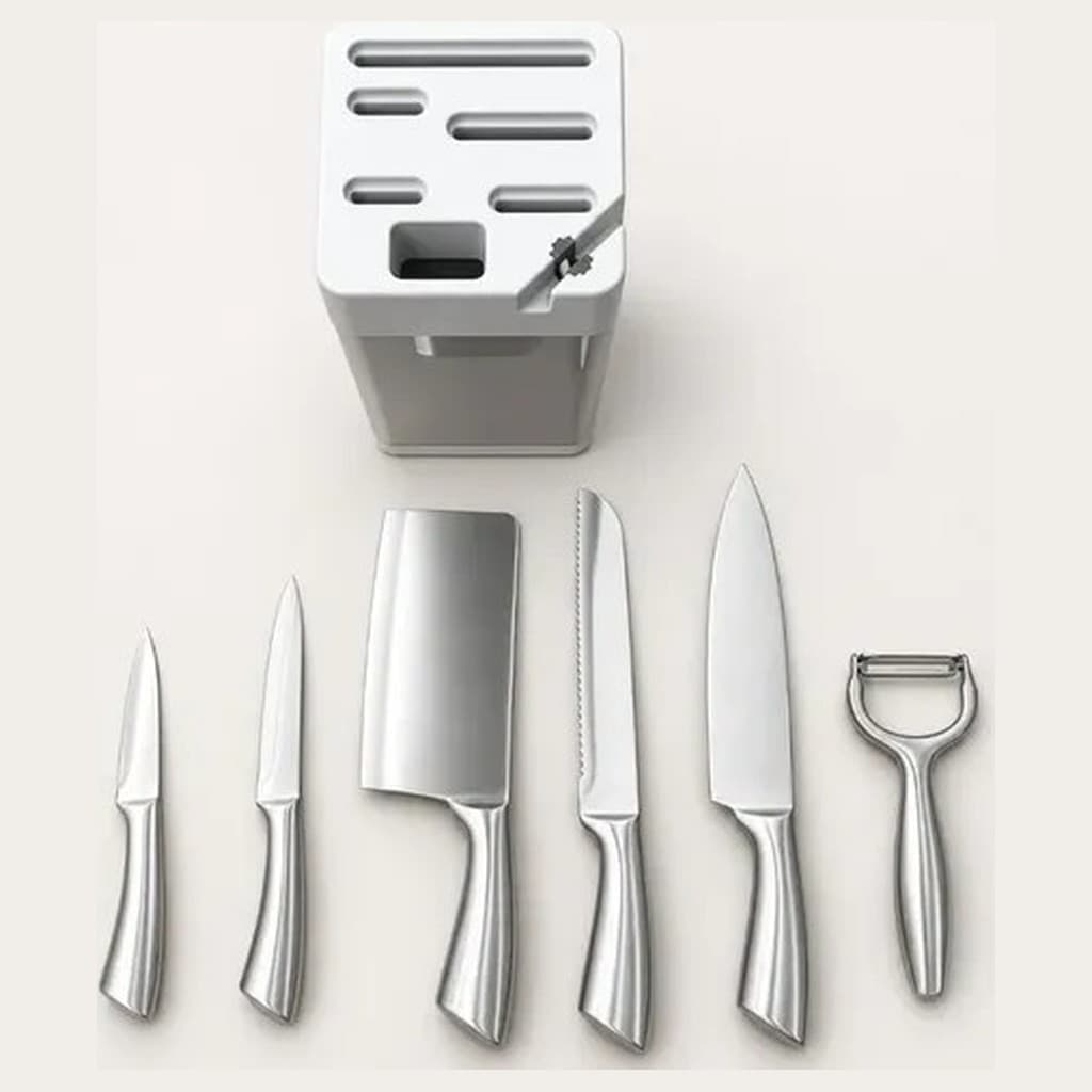 Jogo Facas Aço Inox Suporte Kit 7 Peças Carnes Frutas Pães Legumes Verduras Descascador