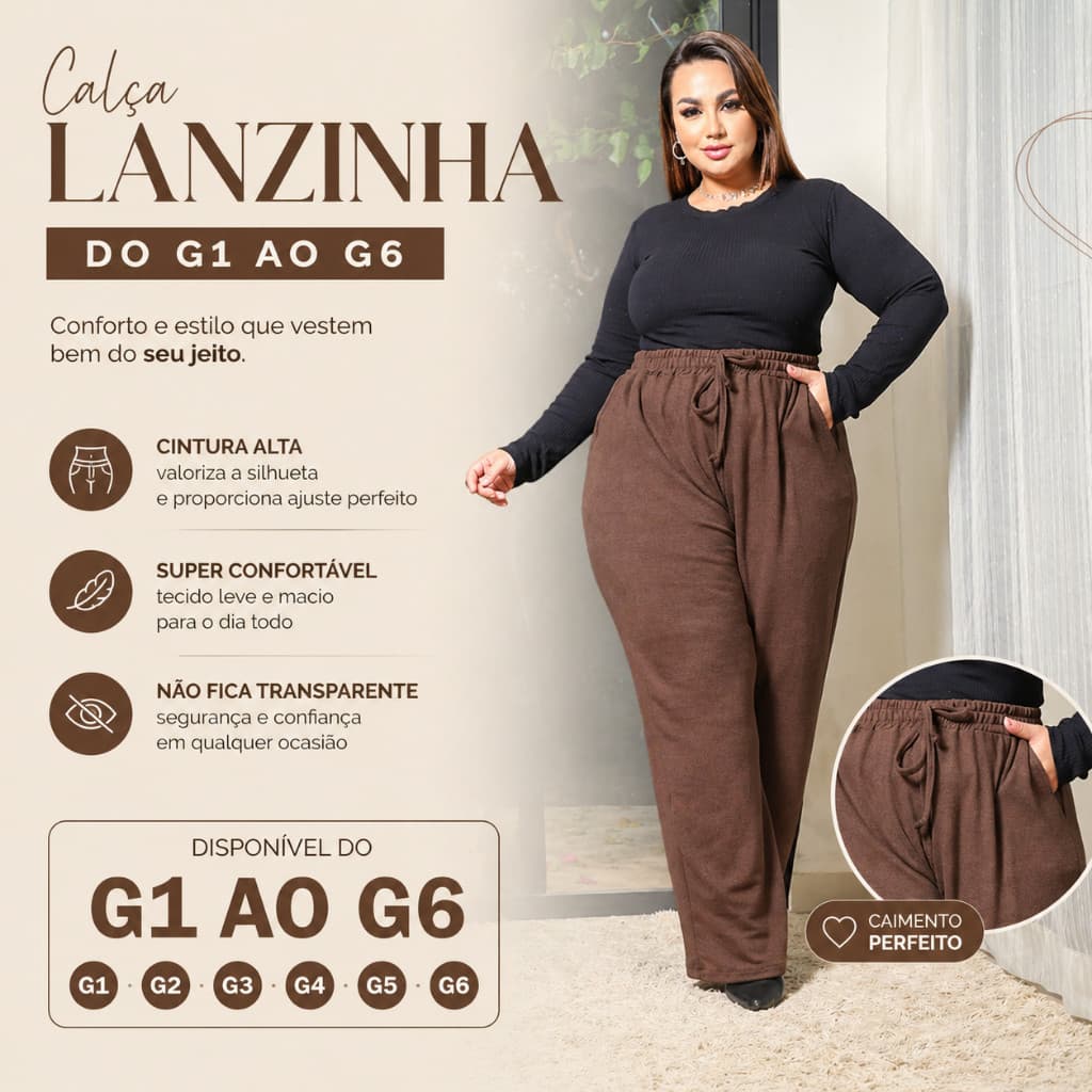 Calça Feminina Plus Size Lanzinha Cintura Alta G1 ao G8 Confortável e Quentinha