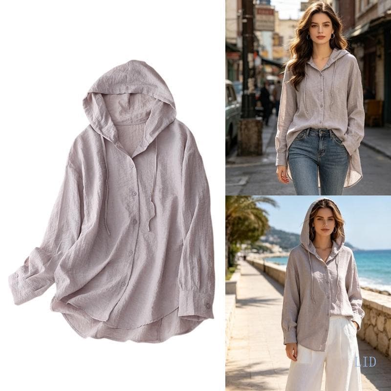 LIDU1 Camisa Feminina Linho Capuz E Botão Para Baixo Férias Praia Viagens