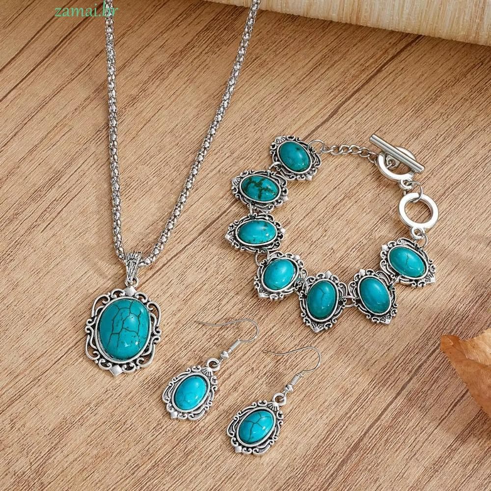 ZAMAI 4 Pçs/Set Colar Pulseira Brincos Conjunto , Liga Galvanoplastia Boho Turquesa De Jóias