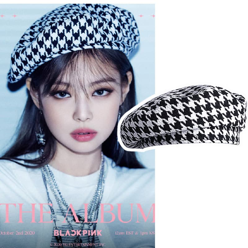 Jin Ji Ni jennie jennie boina feminina Houndstooth Casual britânico outono inverno lã plana topo sem aba chapéu pintor