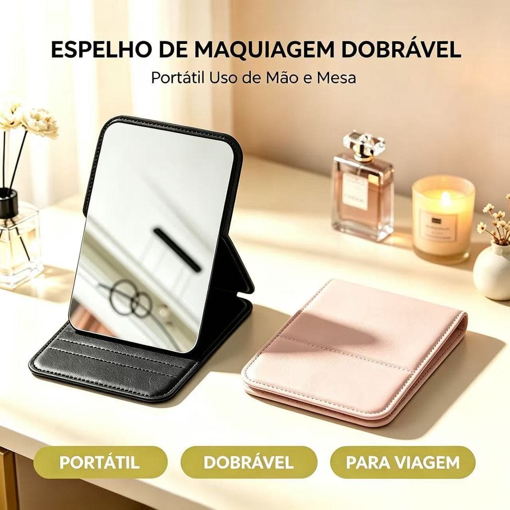 Espelho de Maquiagem Dobrável Portátil, Modelo para Usar na Mão e Sobre a Mesa