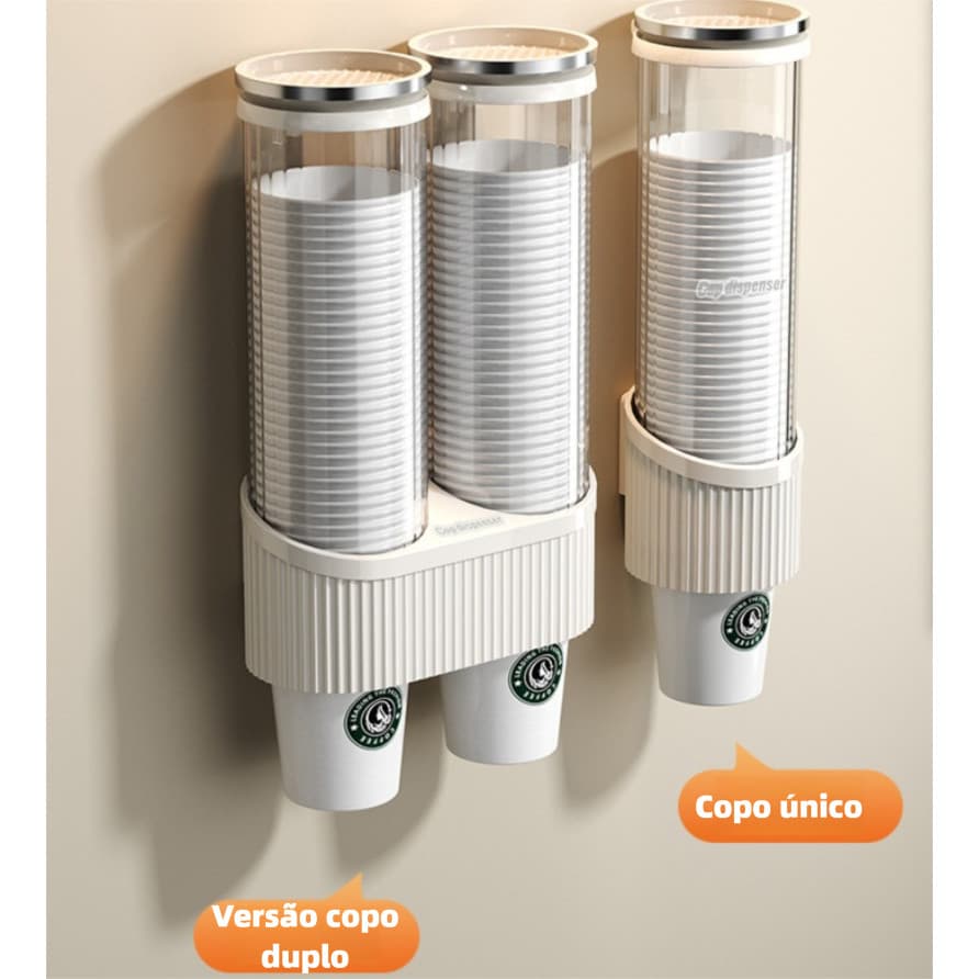 Dispensador de copos de papel descartáveis ​​com fixação adesiva na parede, adequado para bebedouros/escritórios.