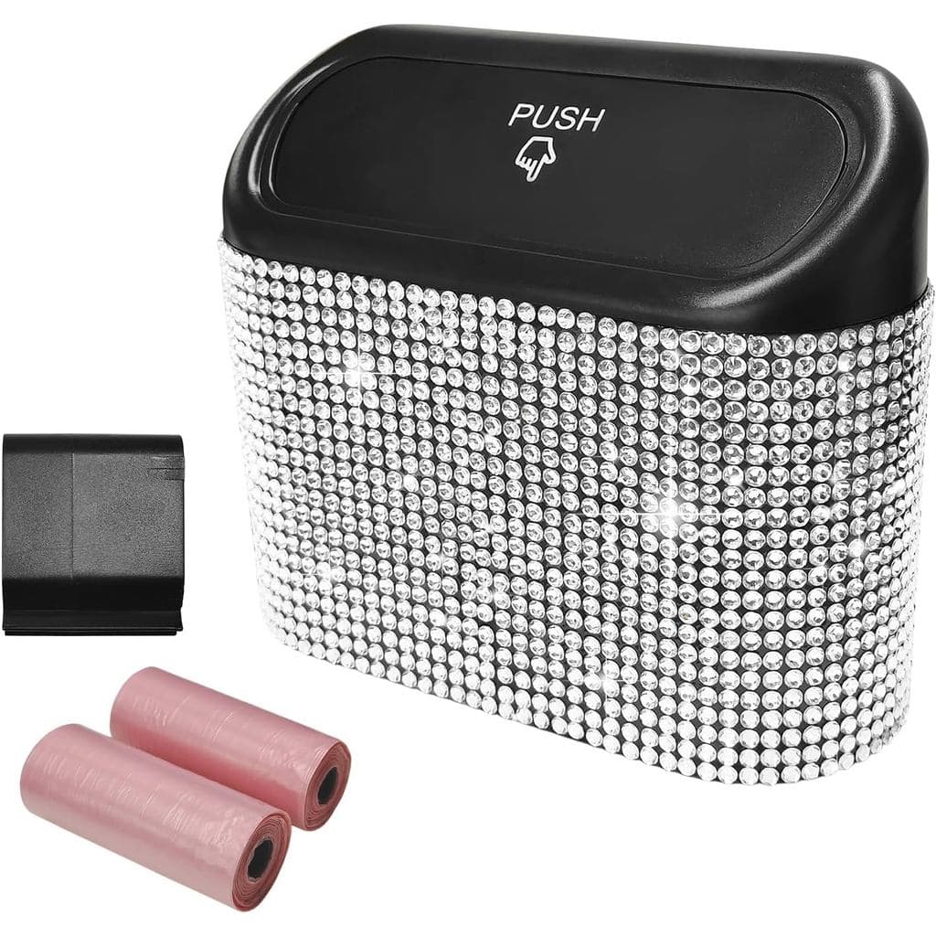 Lixeira para Carro Sun Walker Bling com Tampa, Mini Lixeira Automotiva à Prova de Vazamentos com Strass e Sacos de Lixo,