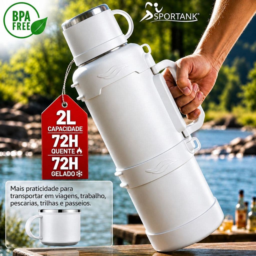 Garrafa Térmica Inox 2L com Caneca e Alça Isolamento 72 Horas para Viagem Trabalho