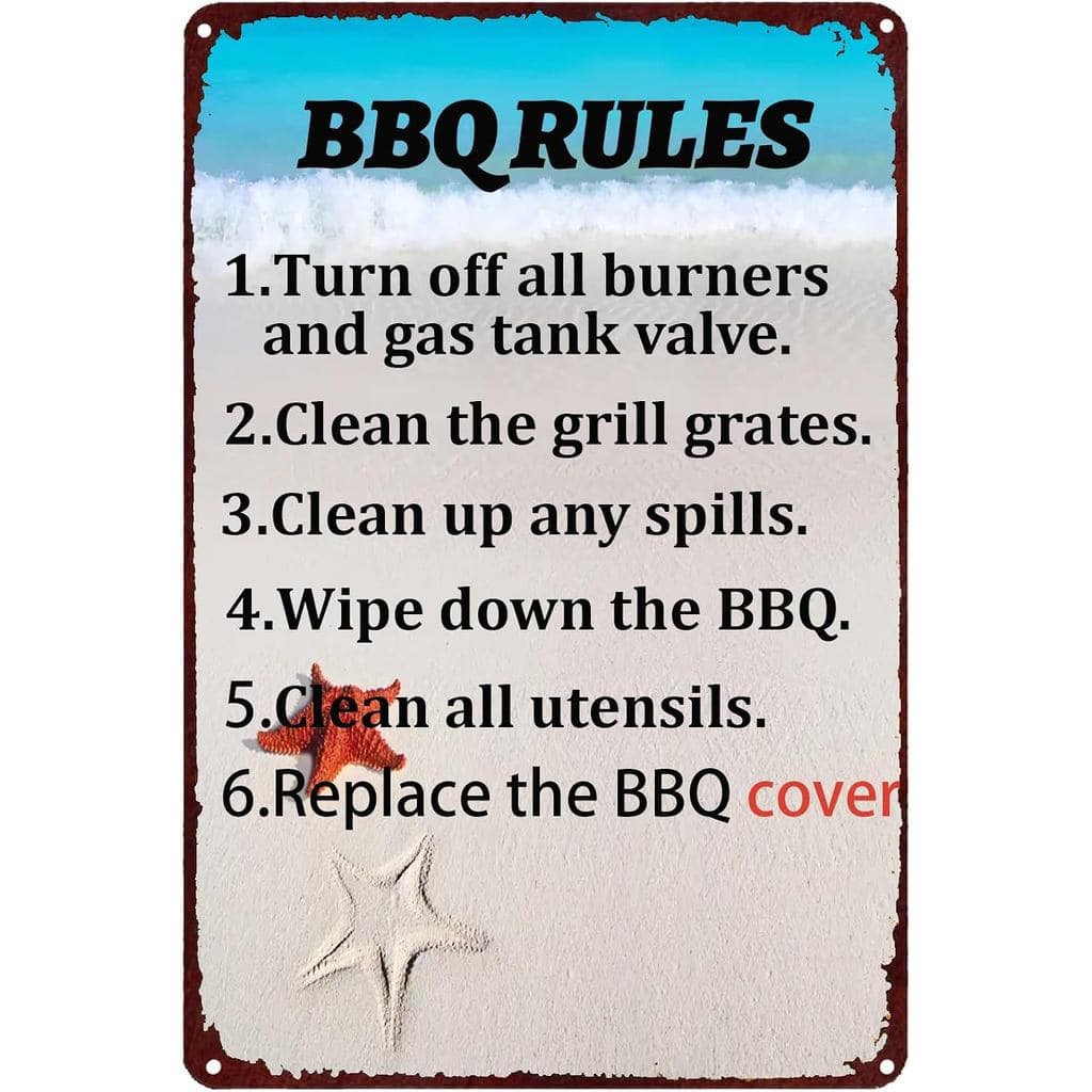 Placa de Metal Divertida com Regras de Churrasco: Desligue Todos os Queimadores e a Válvula do Tanque de Gás. Placa de M