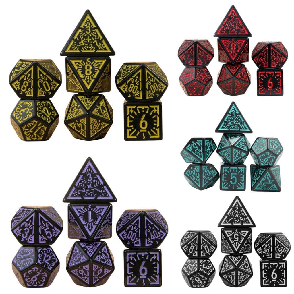 Kit 7 Dados RPG Poliedricos - Modelo Runas Vintage Pretos - 7 Peças D4 ao D20 Gravuras Dnd