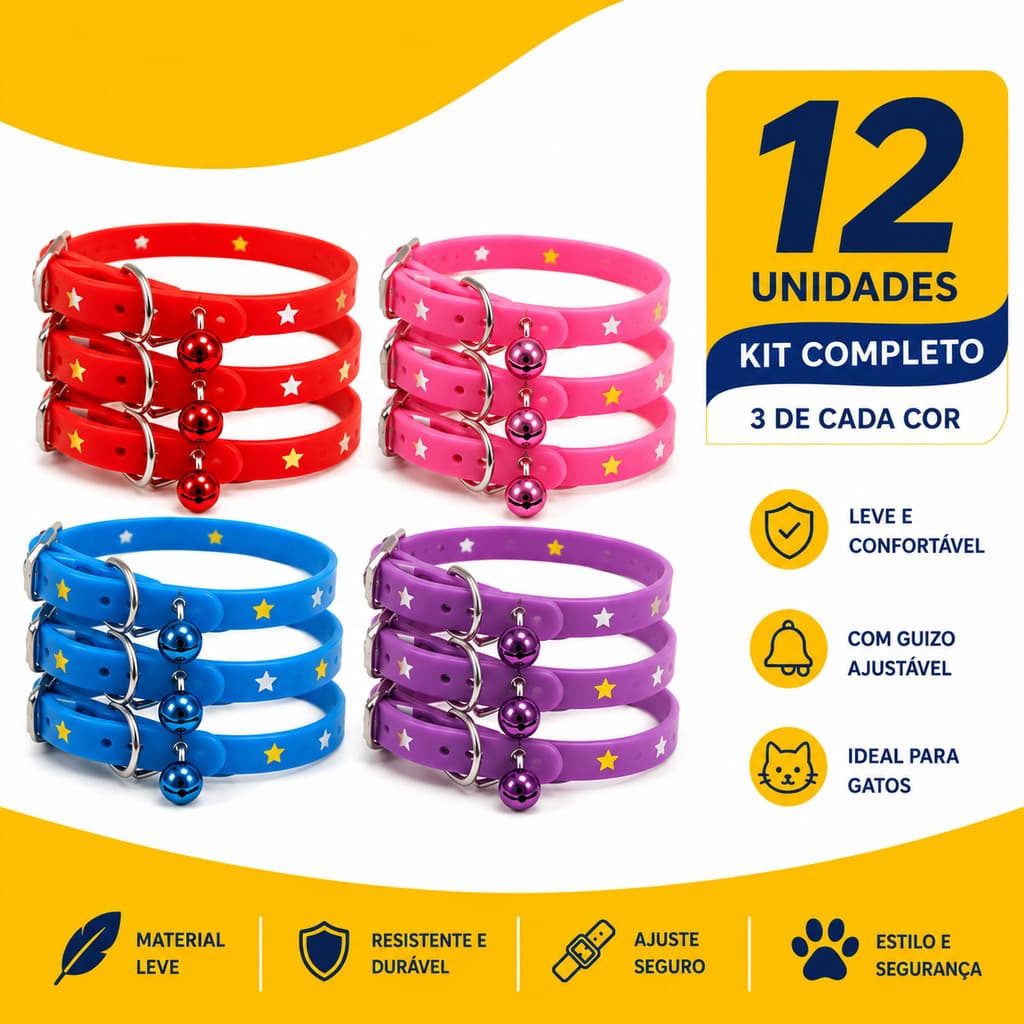 Kit 12 Coleiras Ajustáveis Para Gatos Silicone Com Guizo Coloridas Premium