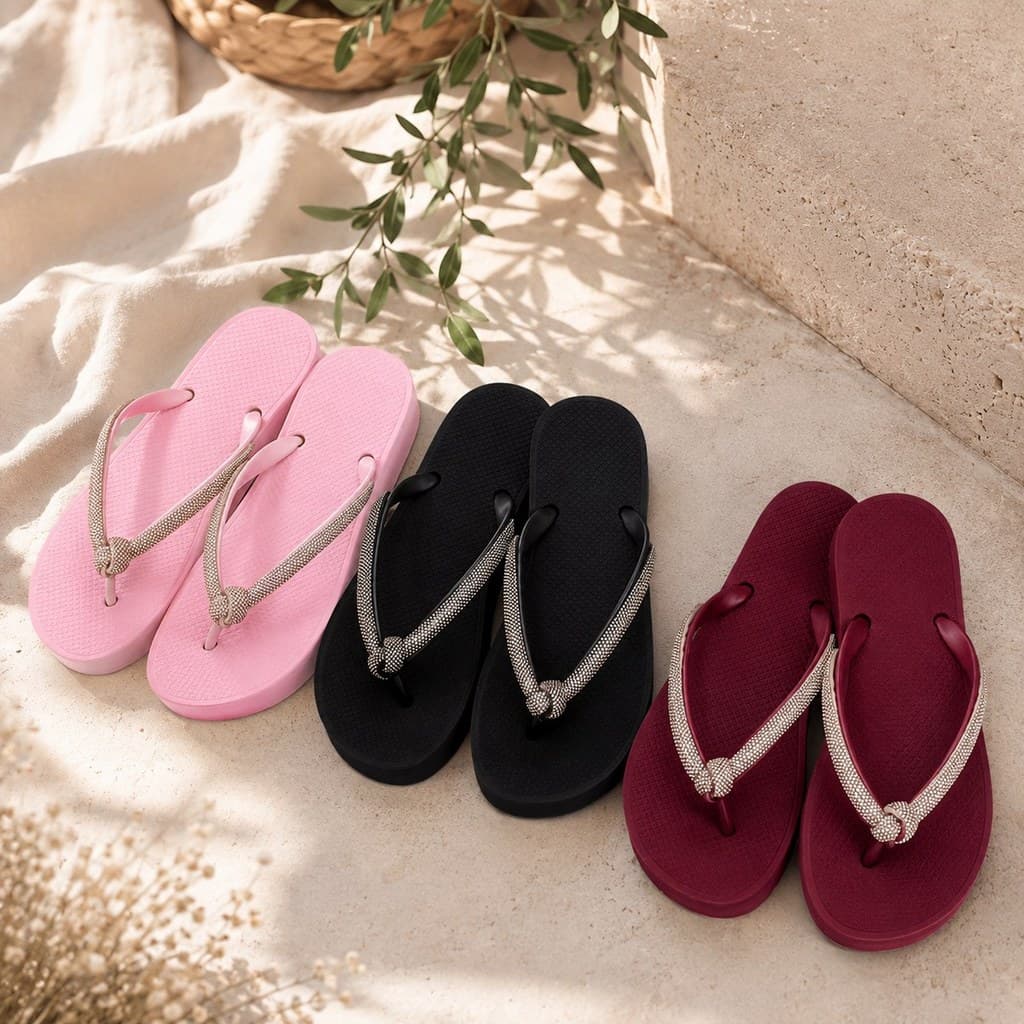 Chinelo Feminino Plataforma com Tiras de Strass e Detalhe de Nó