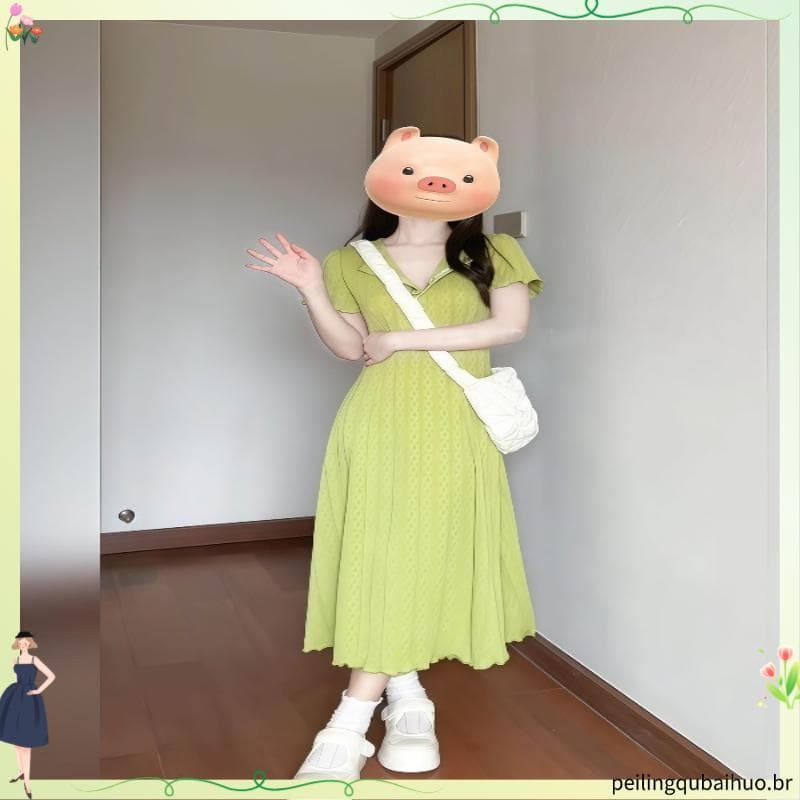 2026 feminino Plus Size chá Break francês com decote em V vestido verde feminino High-End cintura estreita mais magro ol