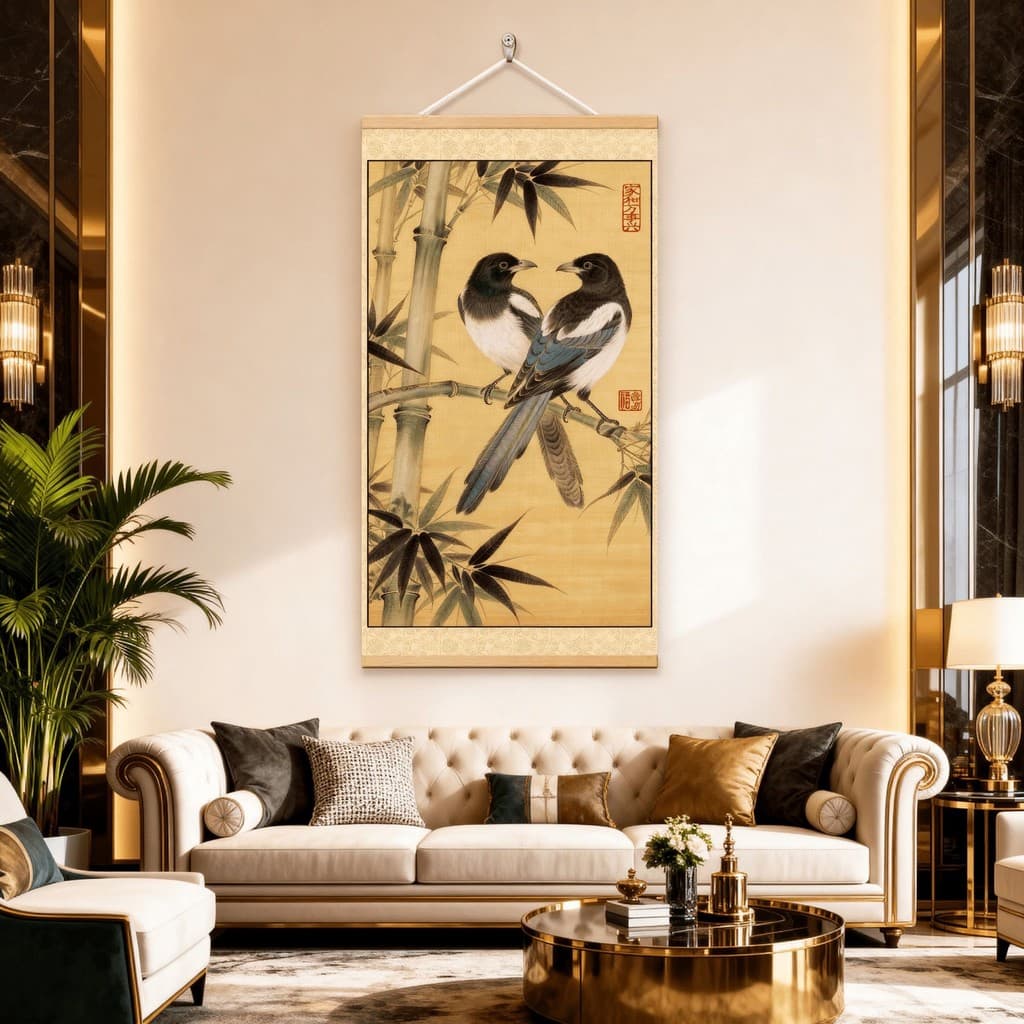 [Bambu Da Sorte E Felicidade Dupla] Pintura Suspensa Para Parede De Fundo De Sofá De Sala De Estar , Pincel Fino Magpie