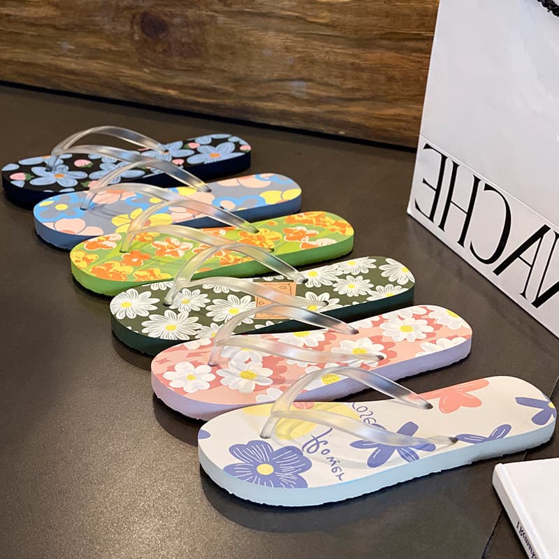 Chinelos femininos com estampa floral, sandálias de dedo artísticas multicoloridas para casa e praia, sandálias casuais