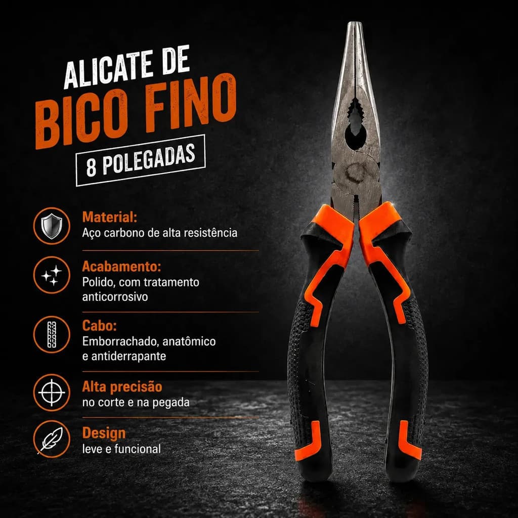 Alicate de Bico Longo 8" Punho Antiderrapante Material para Eletricista Reparo Precisão Aço Cromo Vanádio Resistente