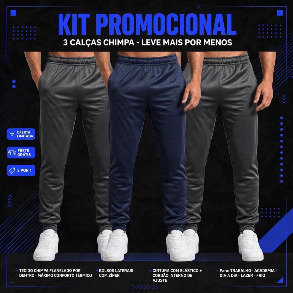 COMBO 3 CALÇAS CHIMPA FLANELADA PARA TREINOS ACADEMIA E LAZER Somo Fabricantes