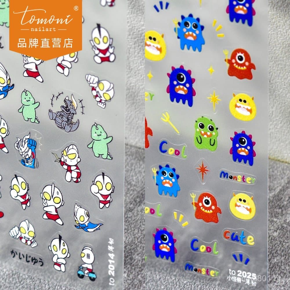 Adesivo para nail art, decorações fofas para unhas, adesivos de monstros 5D com suporte de papel, tomoni thin nail art U