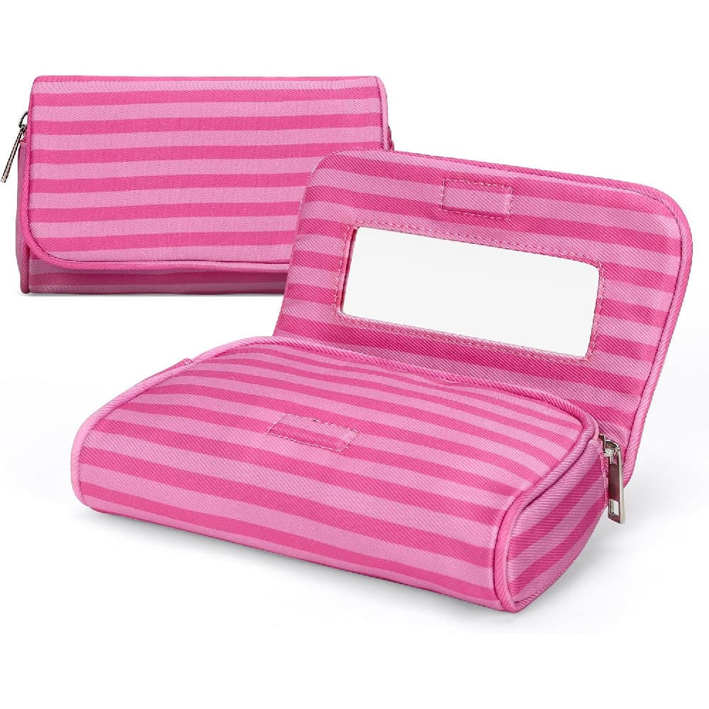 Bolsa de Maquiagem de Nylon Fofa com Espelho Embutido, Bolsa de Maquiagem Portátil e Leve, Bolsa de Viagem Elegante para