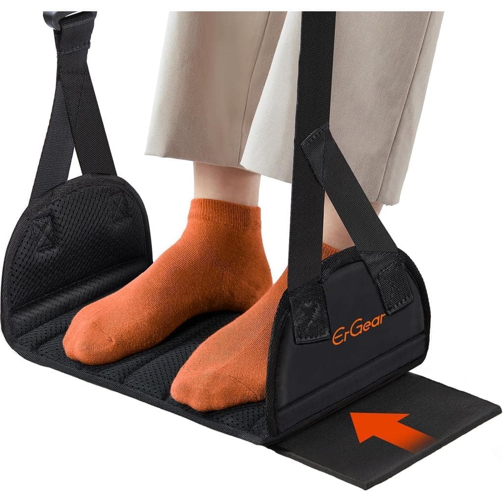 Rede de apoio para os pés de avião ErGear, com suporte de madeira rígida larga, rede de apoio para os pés para viagens d