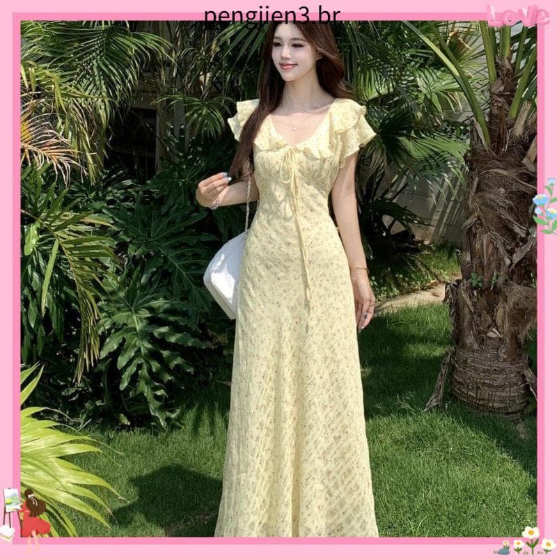 Verão novo estilo chá Break estilo francês cintura alta temperamento vestido feminino high-End sentir com decote em V Fl