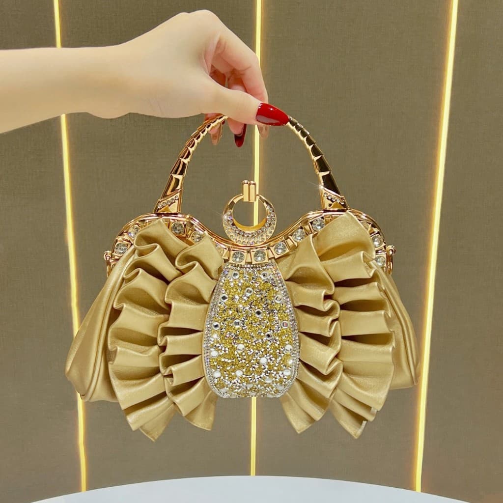 Estoque pronto transporte rápido brilhante strass bolsa banquete moda plissado saco celebridade diamante-cravejado elega