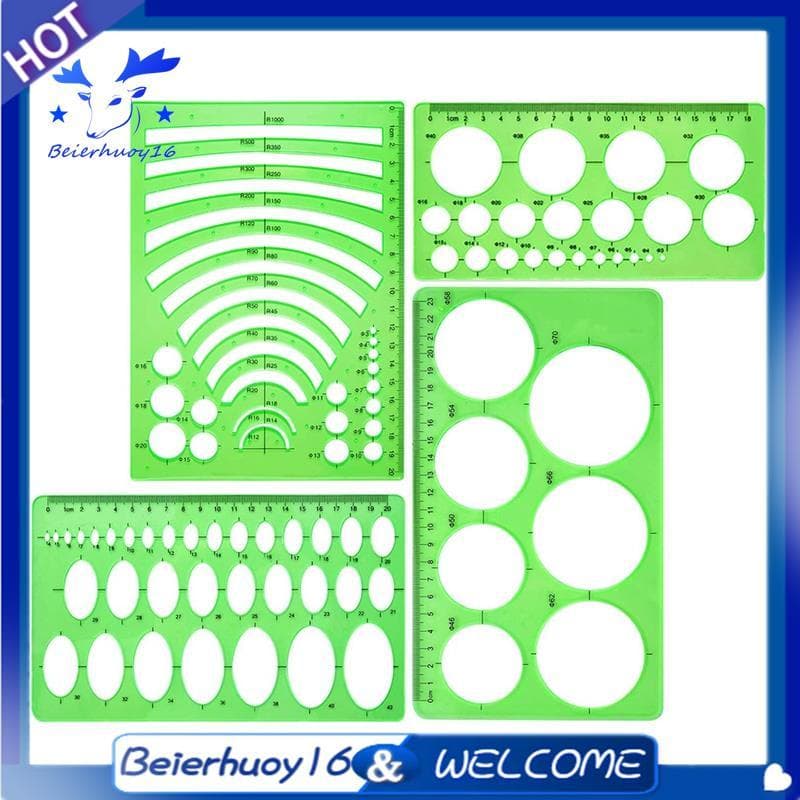 Modelo De Réguas De Plástico , 4 Peças , Círculo Oval , Raio , Modelos De Desenho Para E Material Escolar , Verde Limpo