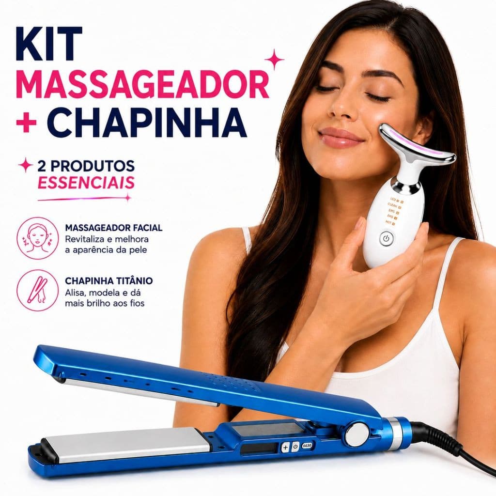 Chapinha Profissional Nano Titanium 450°f Prancha Alisador Progressiva Bivolt 110V/220V + Massageador Eletrico Facial