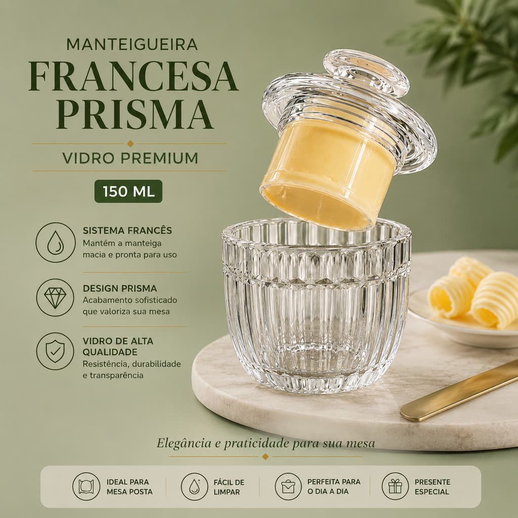 Manteigueira Francesa Premium De  Vidro Prisma Mesa Posta