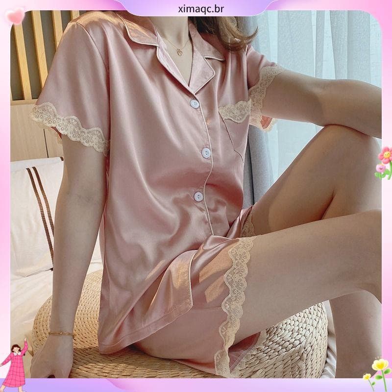 Pijamas de seda gelo feminino verão Shorts de manga curta estilo fino ins estilo novo estilo High-End rendas seda Lounge