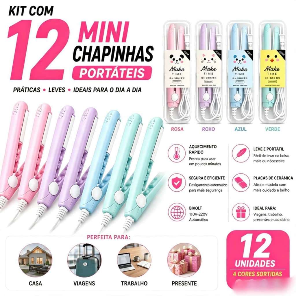 KIT  Mini Chapinha Portátil Pequena Bivolt Prancha Alisadora Para Cabelo Profissional tudo para bella