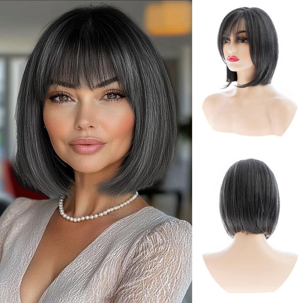 Peruca Bob Curta Sallcks Cinza, Peruca de Cabelo Liso Natural com Franja, Peruca Sintética Resistente ao Calor em Tons d