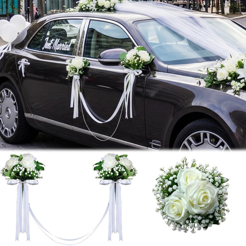 Guirlanda de Fita para Carro de Casamento Zeyune com Pérolas, Decoração para Porta de Carro de Noiva, Flores Artificiais